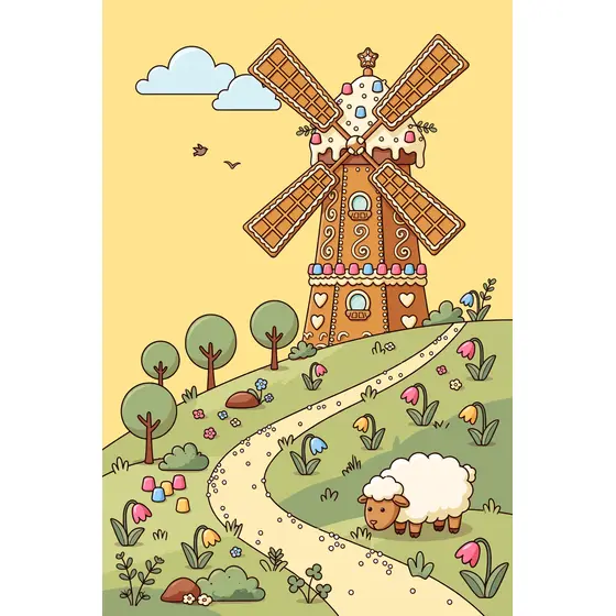 Gingerbread Windmill With Sheep on Hill