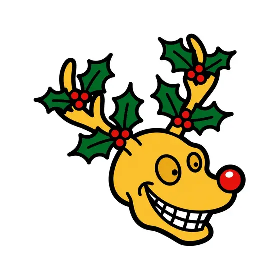 Yellow Reindeer Head With Holly Antlers