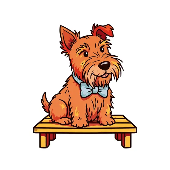 Orange Scruffy Terrier Sitting On Yellow Bench