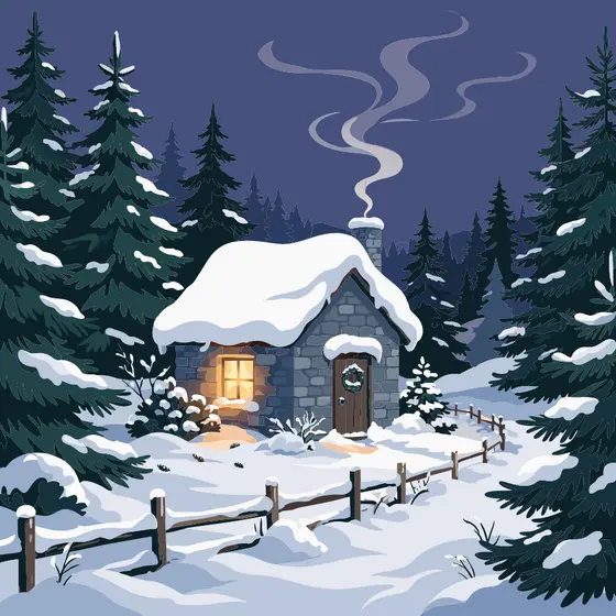 Snowy Stone Cottage With Glowing Window