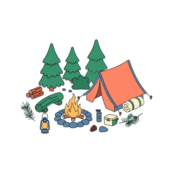 Orange Tent Campsite With Campfire