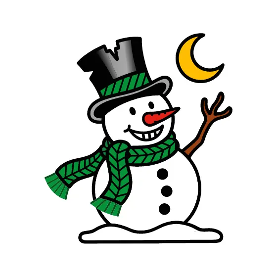 Snowman in Top Hat Waving at Moon