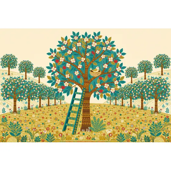 Folk Orchard With Teal Ladder and Bird