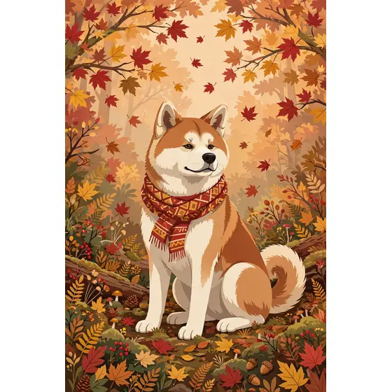 Akita in Scarf Among Autumn Leaves