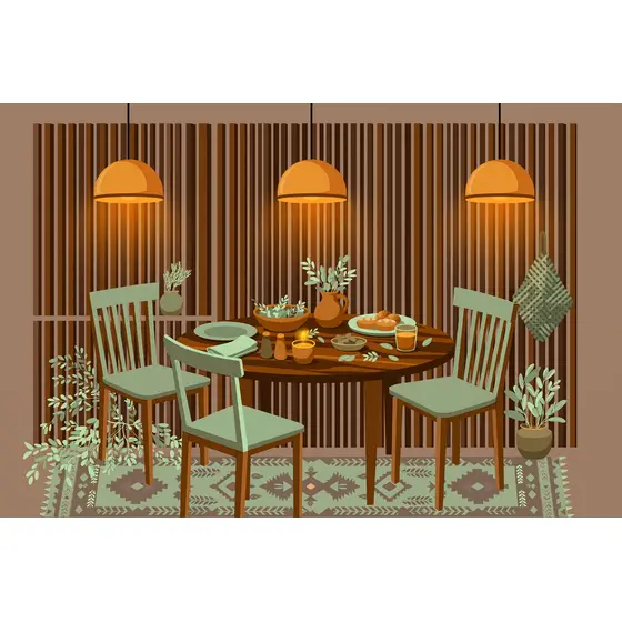 Warm Dining Room with Amber Pendant Lamps