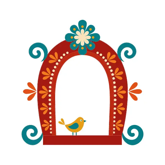 Red Arched Window With Golden Bird