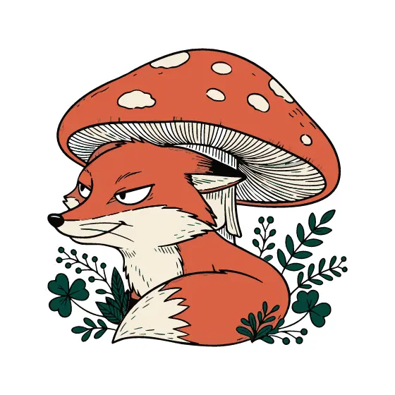Smirking Fox Beside Spotted Mushroom