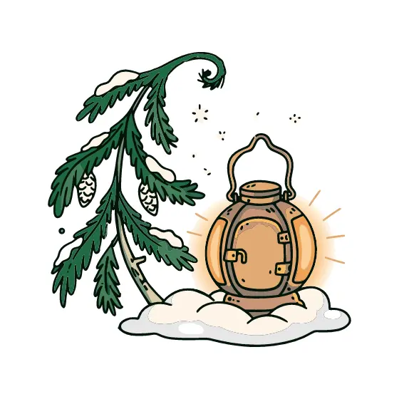 Glowing Lantern With Pinecones on Snow