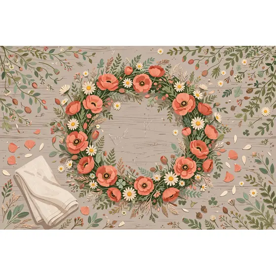 Coral Poppy Wreath on Taupe Wood