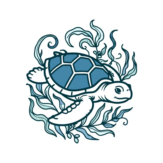 Teal Sea Turtle With Kelp