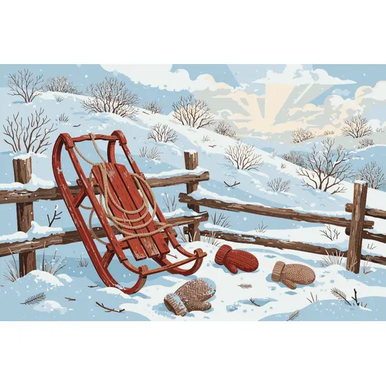 Red Sled Against Snowy Split-Rail Fence