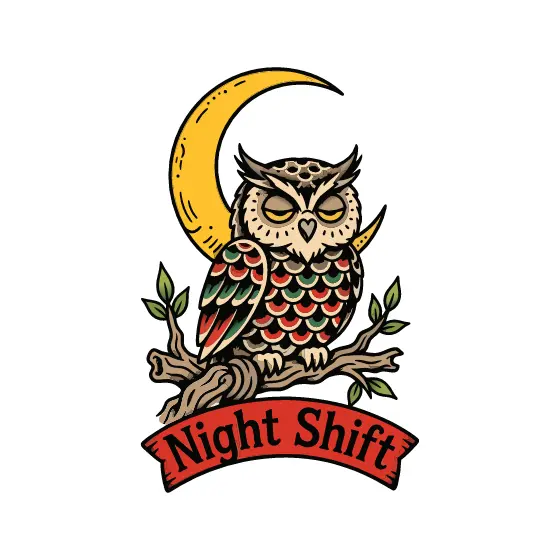 Sleepy Owl On Branch Night Shift