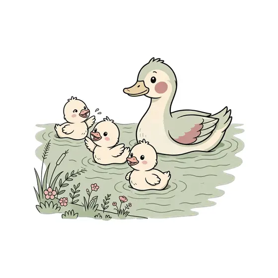 Duck Family Playing In Pond