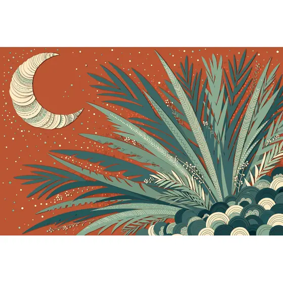 Cream Crescent Moon with Palm Fronds