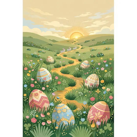 Sunrise Meadow With Painted Easter Eggs