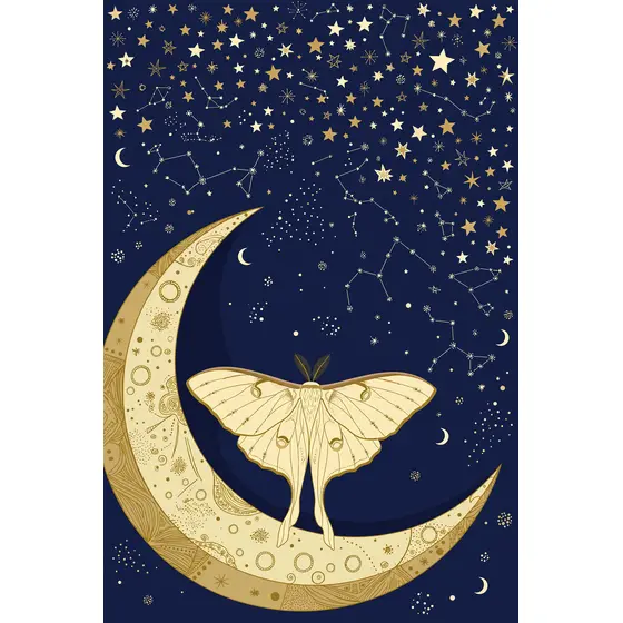 Gold Crescent Moon With Luna Moth