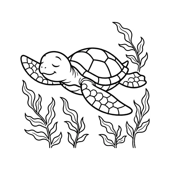 Sea Turtle Swimming Beside Seaweed Outline