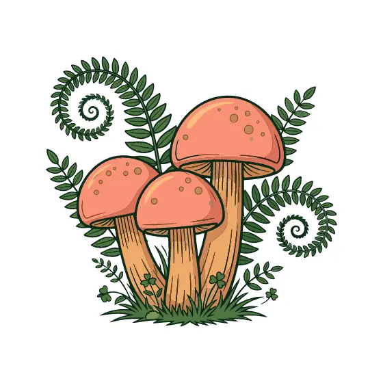 Three Mushrooms With Fern Spirals