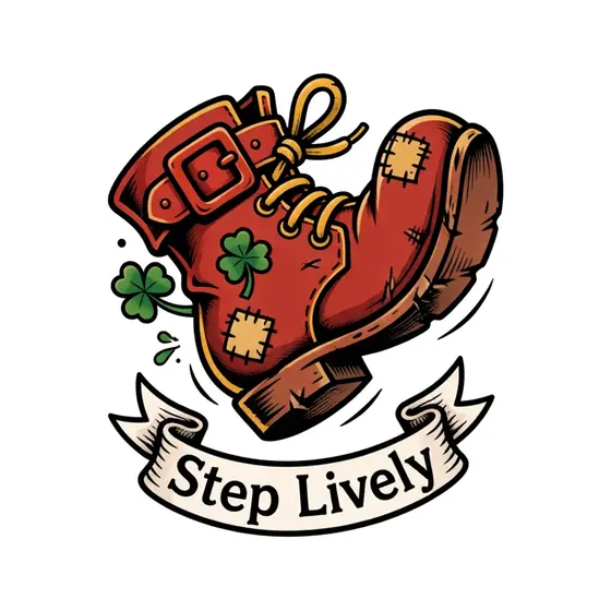 Patched Red Boot Kicking Up Step Lively