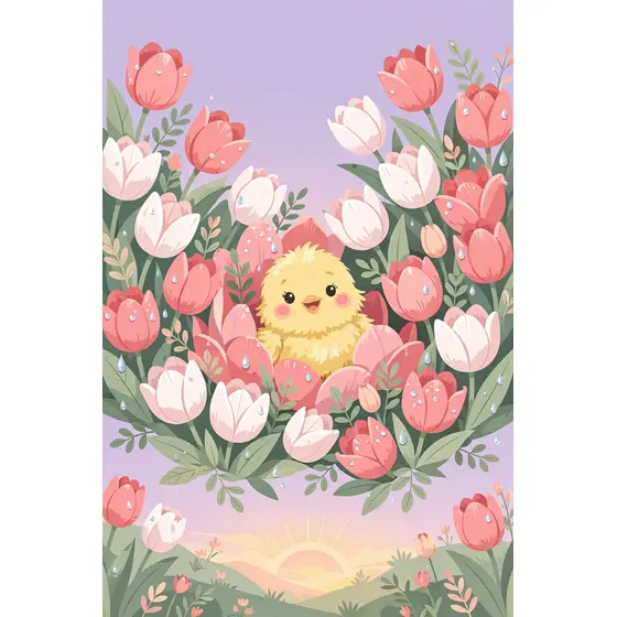 Fluffy Yellow Chick Among Pink Tulips