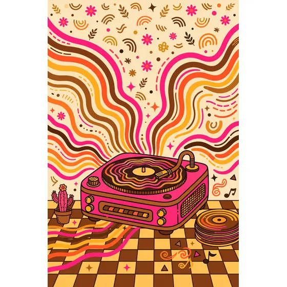 Retro Pink Turntable With Wavy Rainbow Arcs