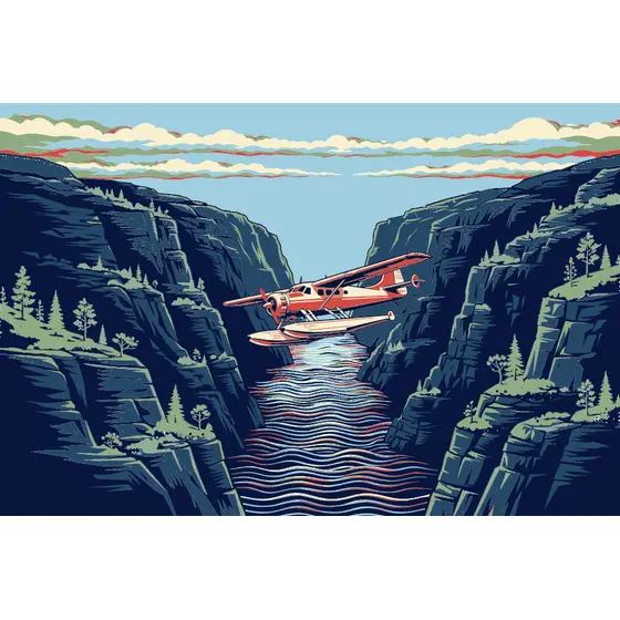 Red Seaplane Over Narrow Fjord