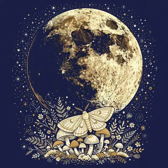 Gold Hatched Moon With Moth
