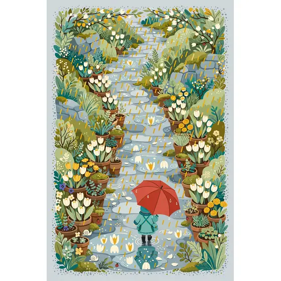 Red Umbrella Over Teal Coat Garden Path