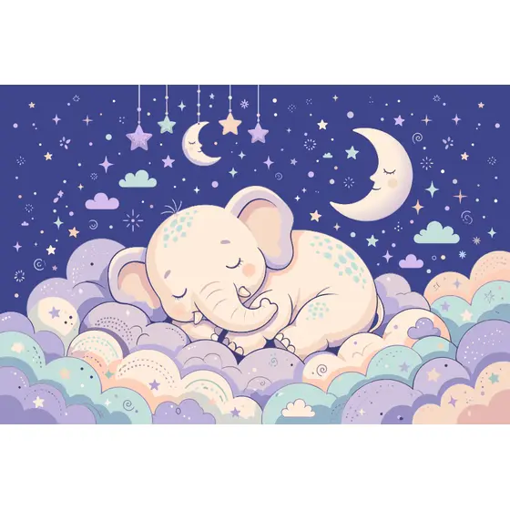 Sleeping Baby Elephant on Pastel Clouds