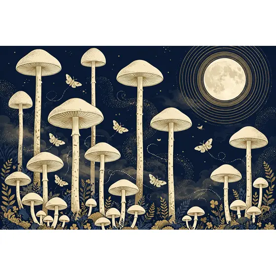 Cream Mushrooms Under Gold Moon