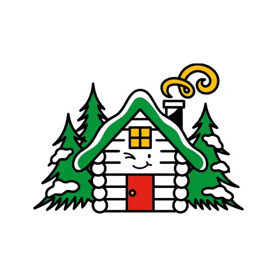Winking Log Cabin With Green Snowy Roof