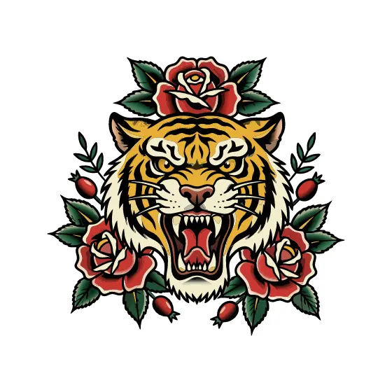Snarling Tiger With Rose Crown