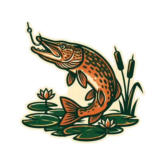 Pike Leaping With Cattails And Lilies