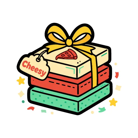 Pizza Box Stack with Cheesy Tag