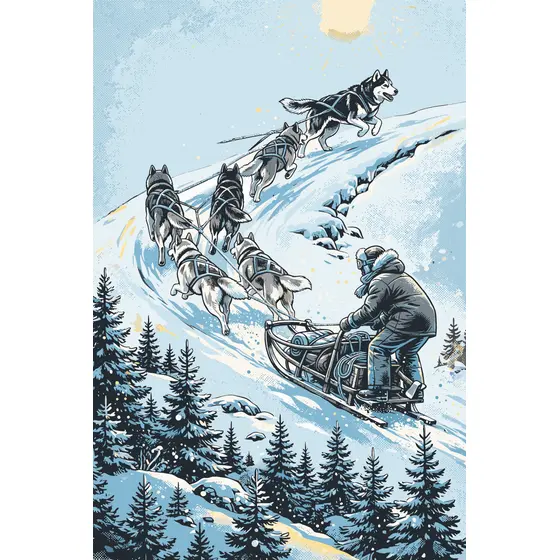 Husky Team Pulling Sled Downhill