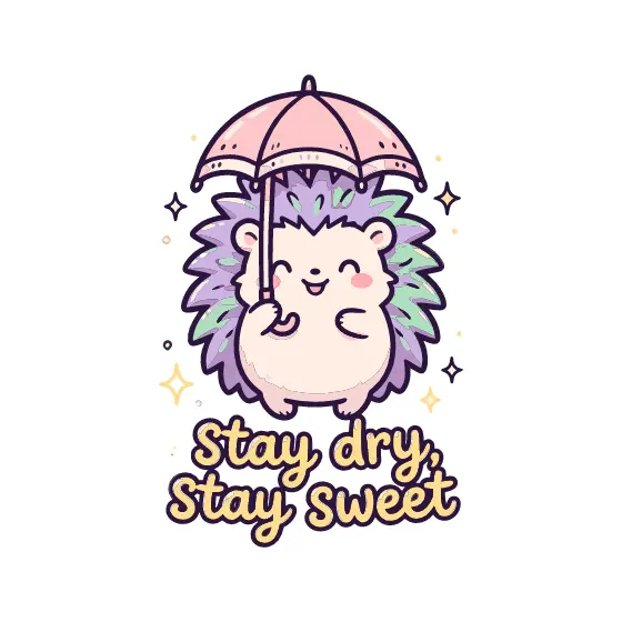 Hedgehog Under Pink Umbrella With Script