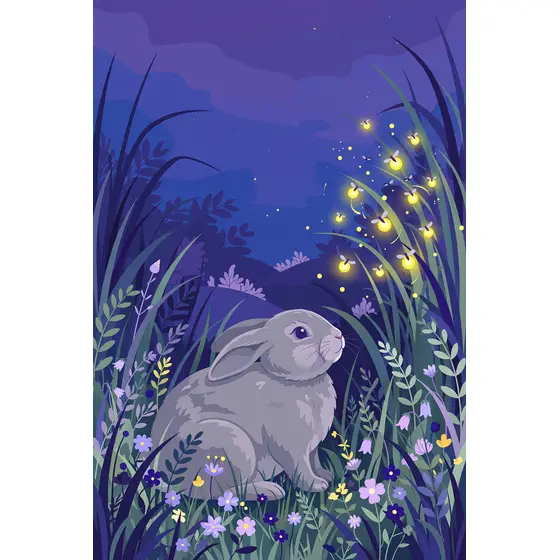Grey Rabbit Watching Fireflies at Twilight