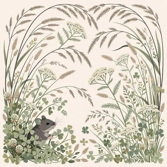 Field Mouse Peeking Among Grass and Clover