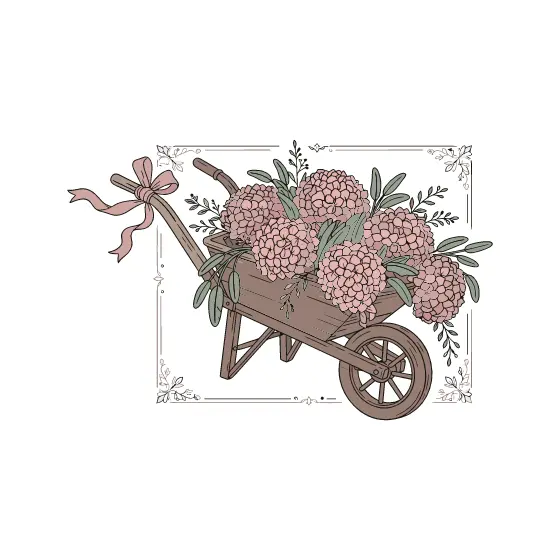 Dusty Rose Hydrangea Wheelbarrow with Ribbon