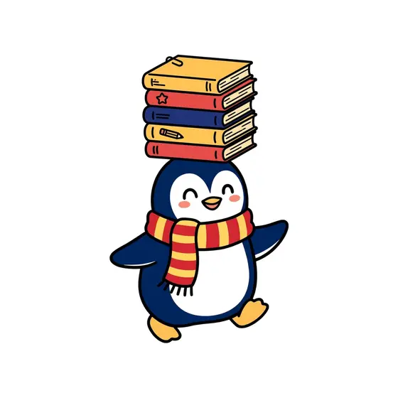 Penguin Carrying Tall Stack of Books