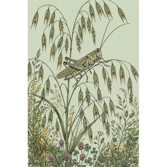 Grasshopper Among Drooping Oat Seed Heads
