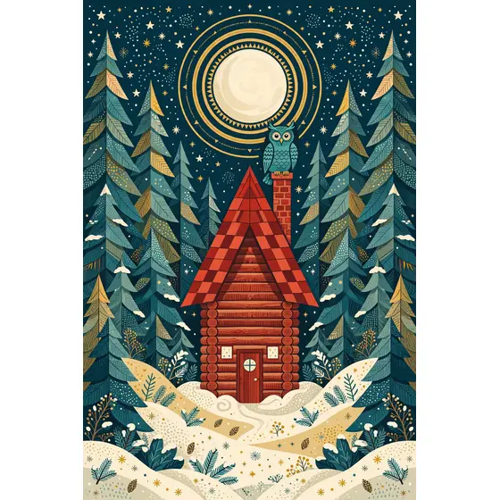 Red Roof Cabin Under Winter Moon