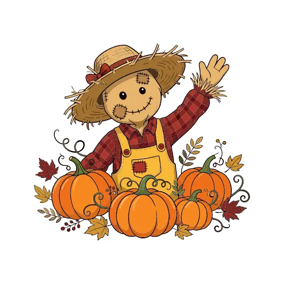 Scarecrow in Overalls With Pumpkins