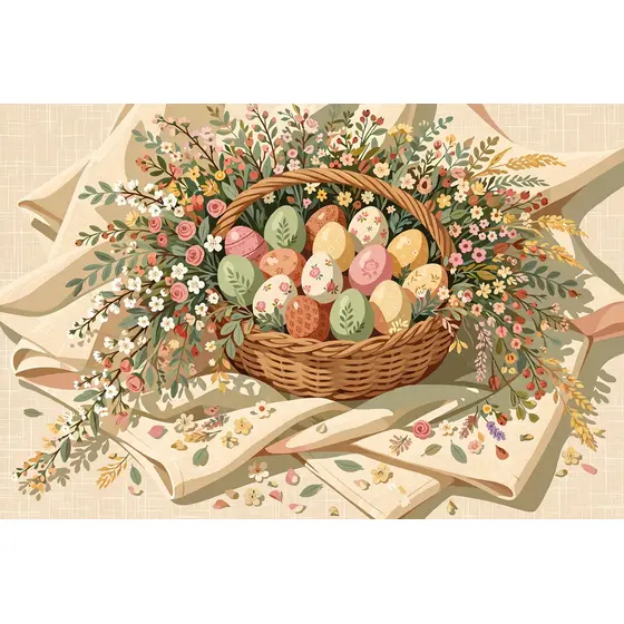 Wicker Basket of Painted Eggs and Blossoms