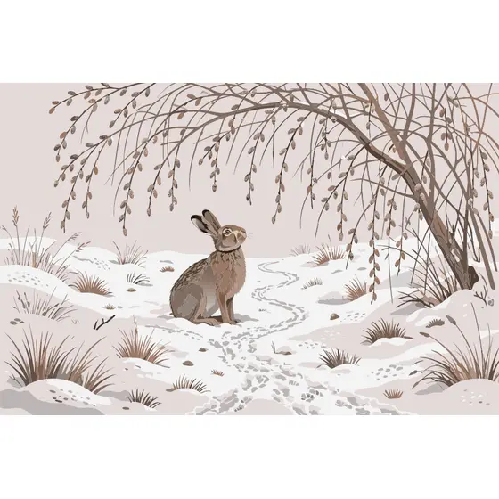 Watchful Hare Beneath Snowy Willow
