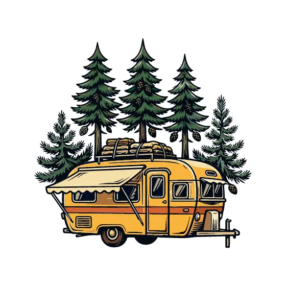 Yellow Camper With Awning And Firewood