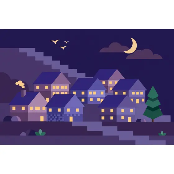 Night Mountain Village With Glowing Windows