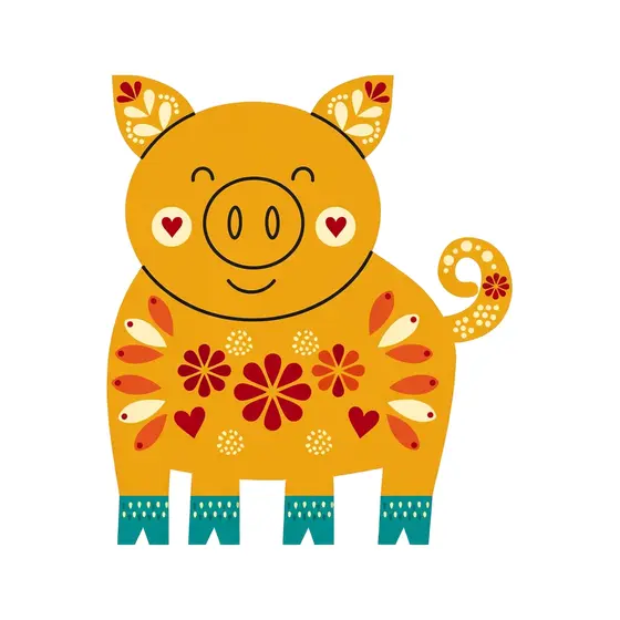 Mustard Folk Pig With Red Flowers