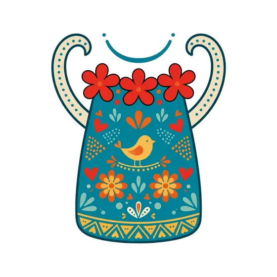 Teal Folk Pitcher With Red Flowers