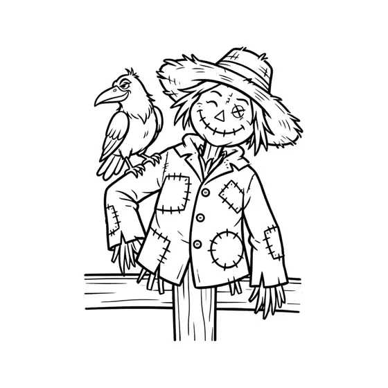 Tall Scarecrow With Crow on Fence